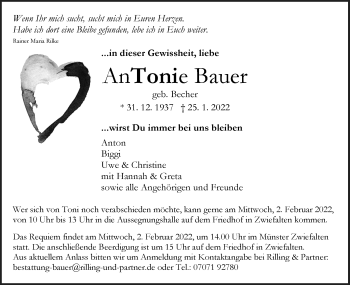 Traueranzeige von Antonie Bauer von Alb-Bote/Metzinger-Uracher Volksblatt