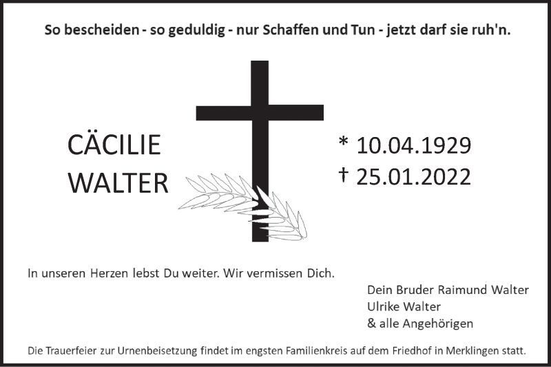  Traueranzeige für Cäcilie Walter vom 29.01.2022 aus SÜDWEST PRESSE Ausgabe Ulm/Neu-Ulm