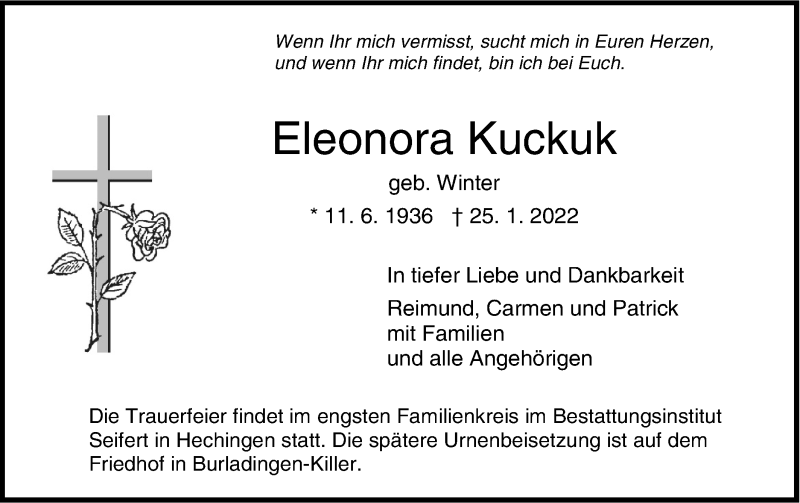  Traueranzeige für Eleonora Kuckuk vom 29.01.2022 aus Metzinger-Uracher Volksblatt