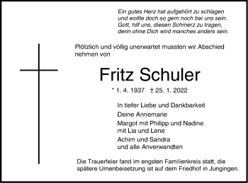 Traueranzeige von Fritz Schuler von Metzinger-Uracher Volksblatt
