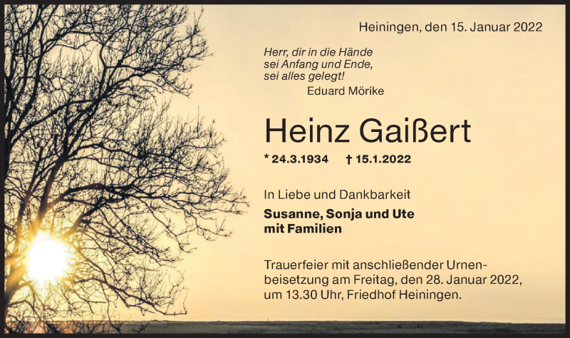  Traueranzeige für Heinz Gaißert vom 26.01.2022 aus NWZ Neue Württembergische Zeitung