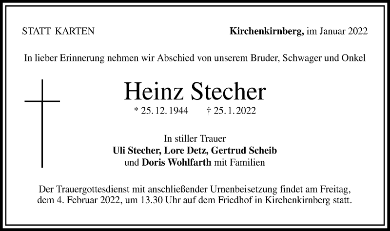  Traueranzeige für Heinz Stecher vom 29.01.2022 aus Rundschau Gaildorf