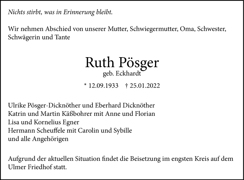  Traueranzeige für Ruth Pösger vom 29.01.2022 aus SÜDWEST PRESSE Ausgabe Ulm/Neu-Ulm