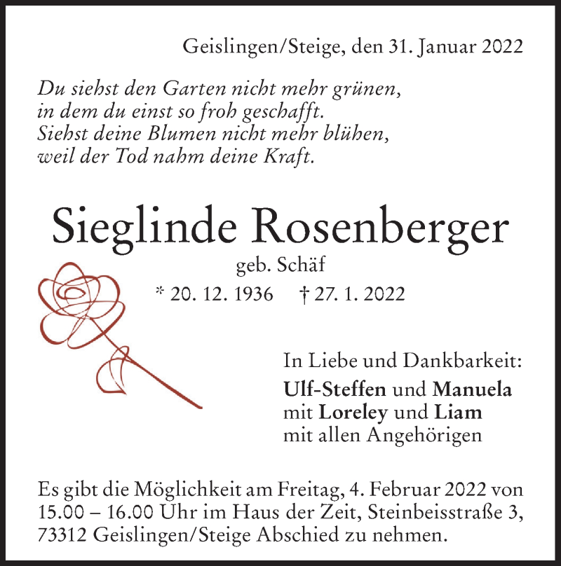  Traueranzeige für Sieglinde Rosenberger vom 31.01.2022 aus Geislinger Zeitung