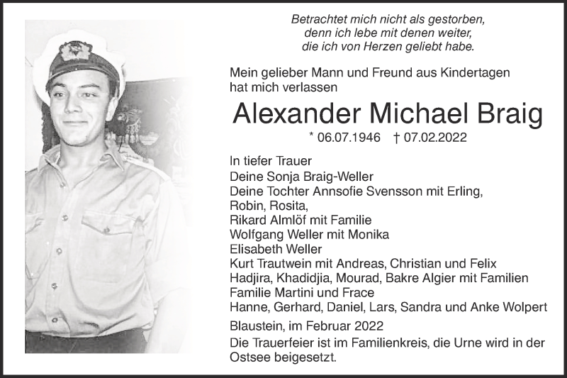  Traueranzeige für Alexander Michael Braig vom 26.02.2022 aus SÜDWEST PRESSE Ausgabe Ulm/Neu-Ulm