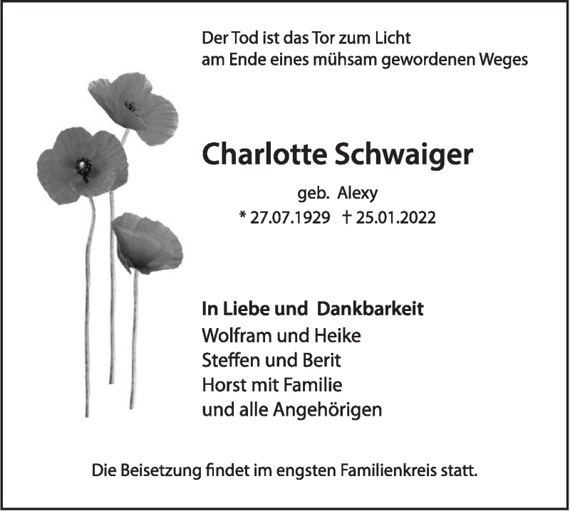  Traueranzeige für Charlotte Schwaiger vom 05.02.2022 aus NWZ Neue Württembergische Zeitung