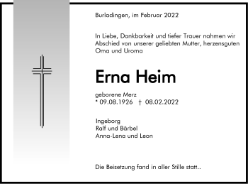 Traueranzeige von Erna Heim von Metzinger-Uracher Volksblatt