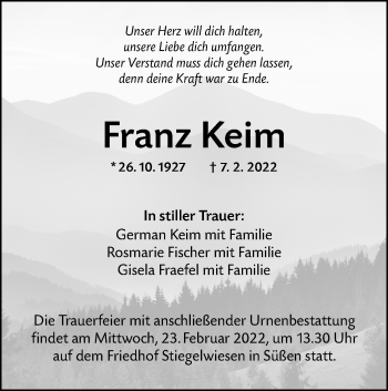Traueranzeige von Franz Keim von NWZ Neue Württembergische Zeitung