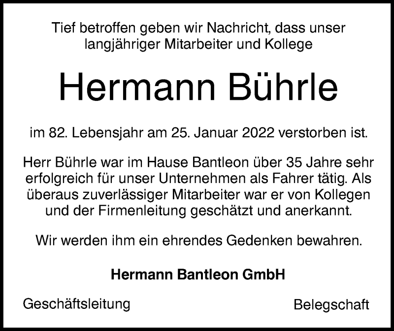  Traueranzeige für Hermann Bührle vom 12.02.2022 aus SÜDWEST PRESSE Ausgabe Ulm/Neu-Ulm