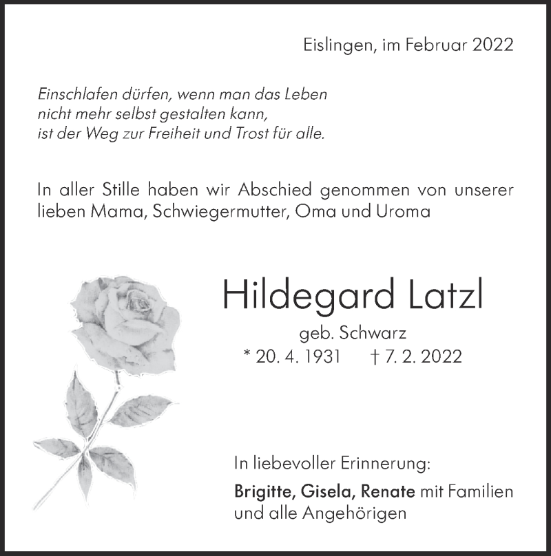  Traueranzeige für Hildegard Latzl vom 26.02.2022 aus NWZ Neue Württembergische Zeitung