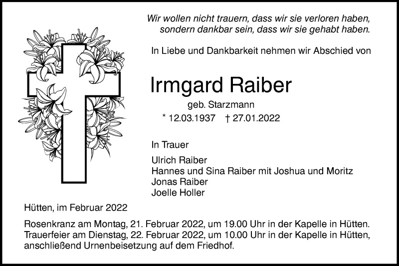  Traueranzeige für Irmgard Raiber vom 18.02.2022 aus Ehinger Tagblatt
