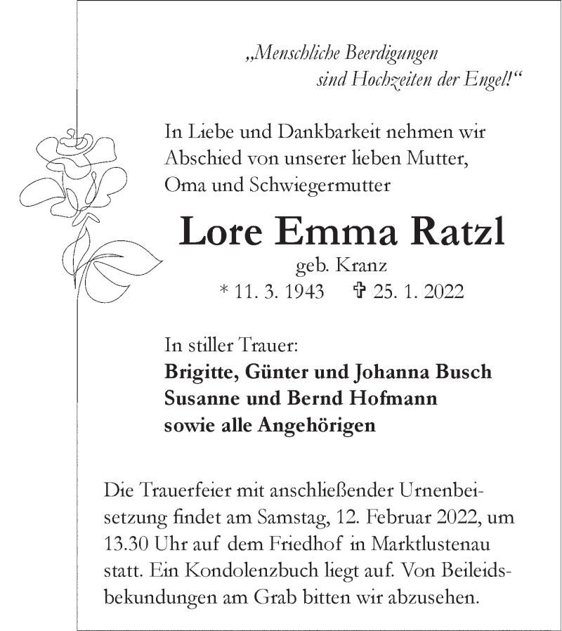  Traueranzeige für Lore Emma Ratzl vom 10.02.2022 aus Hohenloher Tagblatt