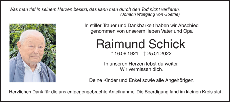  Traueranzeige für Raimund Schick vom 05.02.2022 aus SÜDWEST PRESSE Ausgabe Ulm/Neu-Ulm