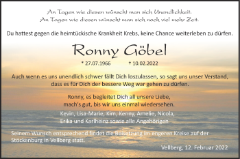 Traueranzeige von Ronny Göbel von Haller Tagblatt
