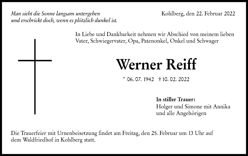 Traueranzeige für Werner Reiff vom 22.02.2022 aus Metzinger-Uracher Volksblatt