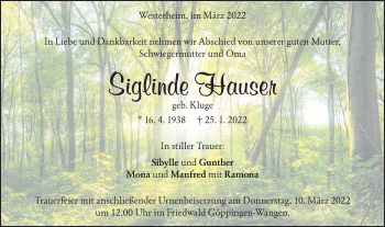 Traueranzeige von Siglinde Hauser von Geislinger Zeitung