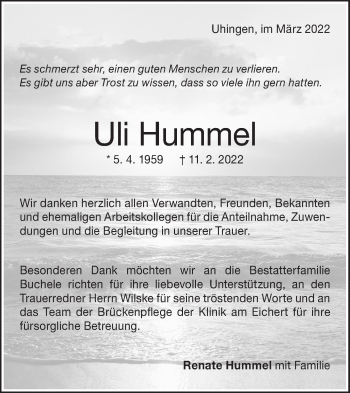 Traueranzeige von Uli Hummel von NWZ Neue Württembergische Zeitung