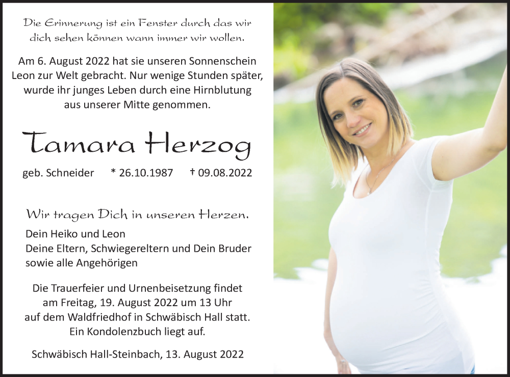 Traueranzeige für Tamara Herzog vom 13.08.2022 aus Haller Tagblatt
