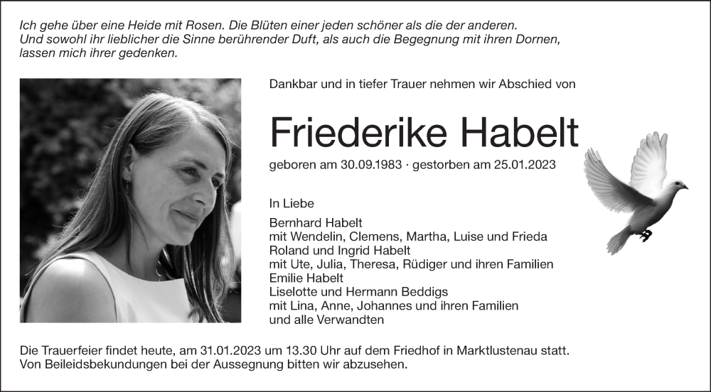  Traueranzeige für Friederike Habelt vom 31.01.2023 aus Haller Tagblatt