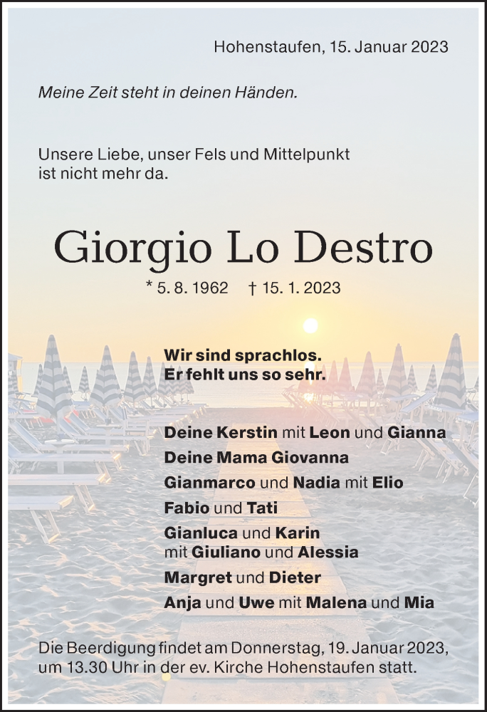  Traueranzeige für Giorgio Lo Destro vom 17.01.2023 aus NWZ Neue Württembergische Zeitung