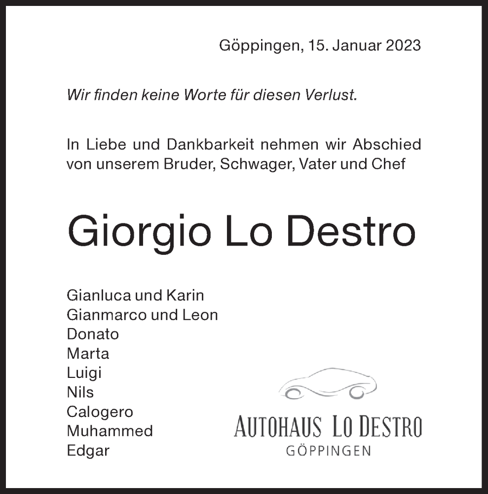  Traueranzeige für Giorgio Lo Destro vom 17.01.2023 aus NWZ Neue Württembergische Zeitung