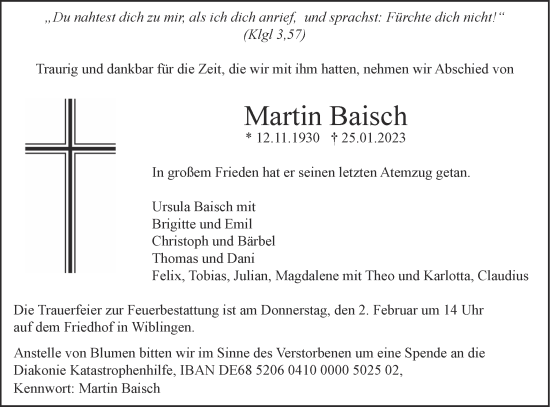 Traueranzeige von Martin Baisch von SÜDWEST PRESSE Ausgabe Ulm/Neu-Ulm
