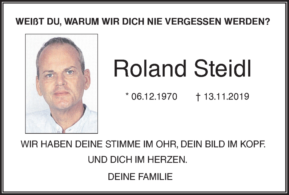  Traueranzeige für Roland Steidl vom 13.11.2023 aus SÜDWEST PRESSE Ausgabe Ulm/Neu-Ulm