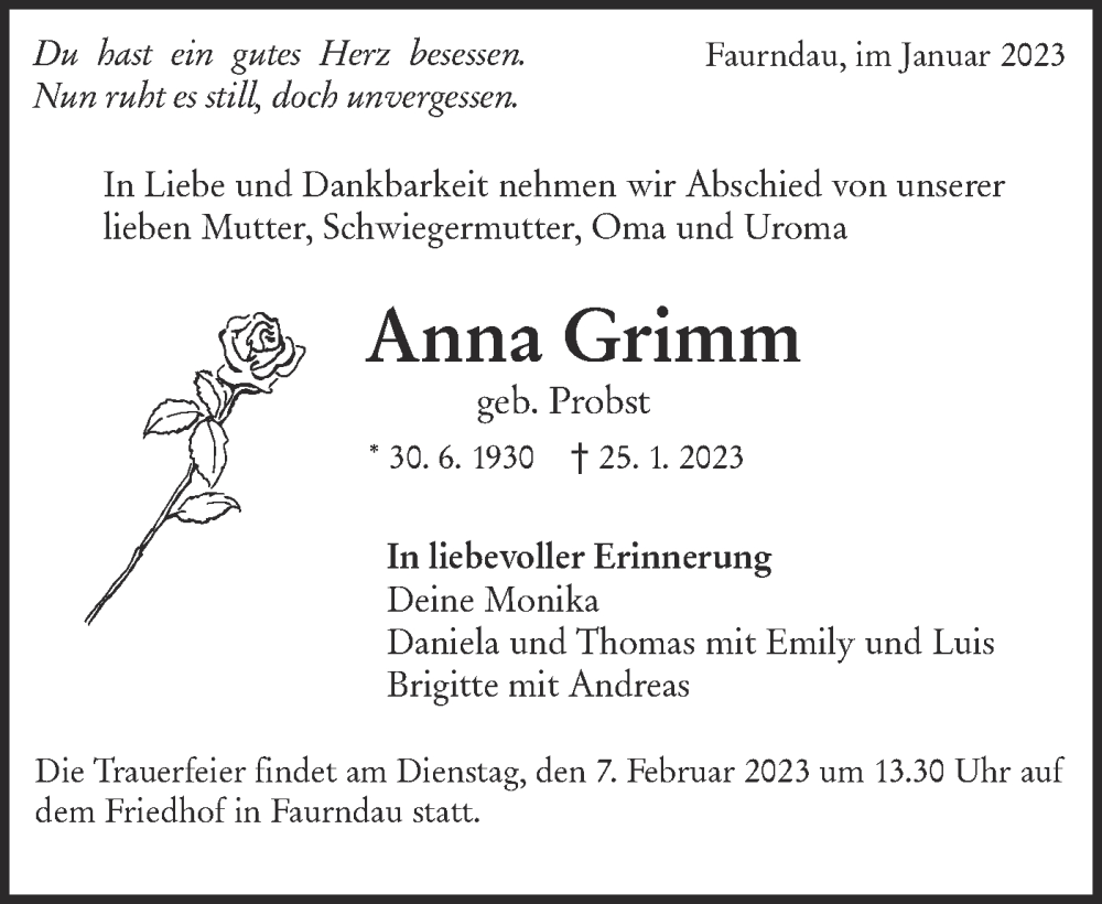  Traueranzeige für Anna Grimm vom 03.02.2023 aus NWZ Neue Württembergische Zeitung