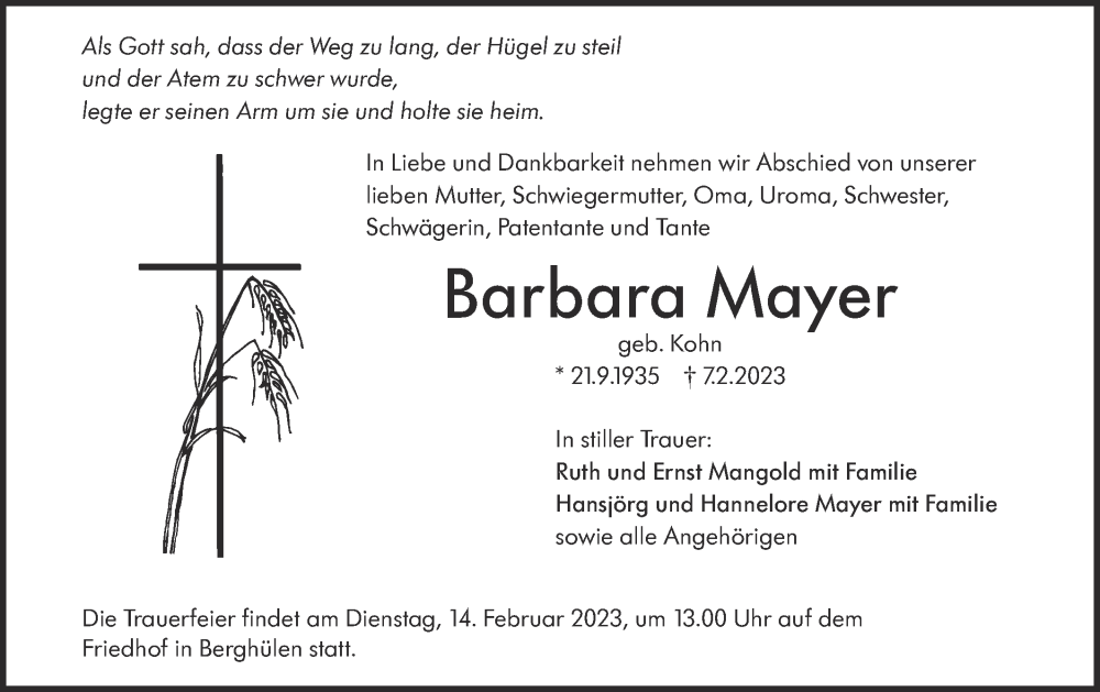  Traueranzeige für Barbara Mayer vom 11.02.2023 aus SÜDWEST PRESSE Ausgabe Ulm/Neu-Ulm