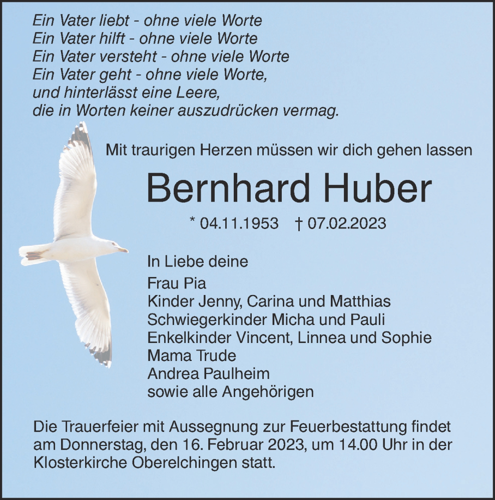  Traueranzeige für Bernhard Huber vom 11.02.2023 aus SÜDWEST PRESSE Ausgabe Ulm/Neu-Ulm