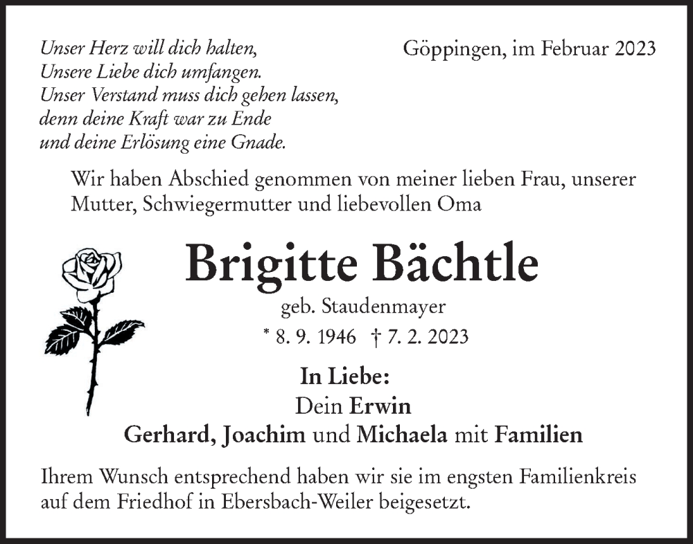 Traueranzeige für Brigitte Bächtle vom 18.02.2023 aus NWZ Neue Württembergische Zeitung