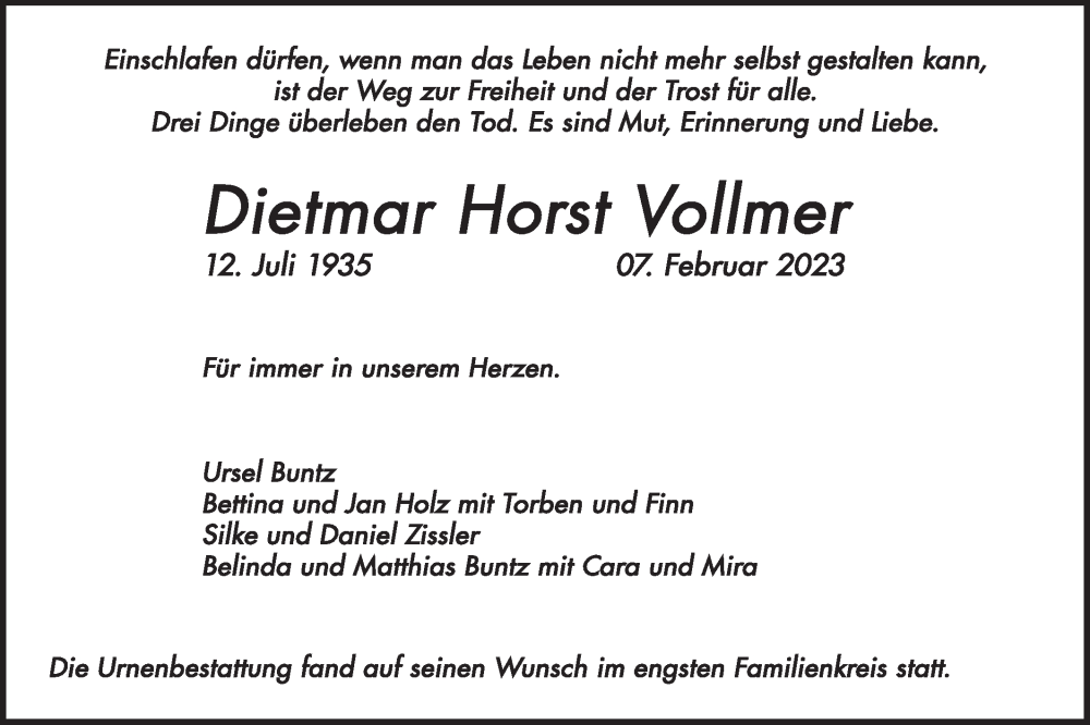  Traueranzeige für Dietmar Horst Vollmer vom 27.02.2023 aus NWZ Neue Württembergische Zeitung