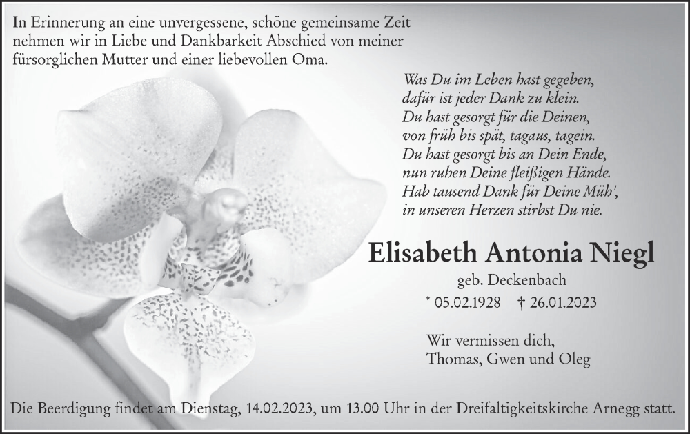  Traueranzeige für Elisabeth Antonia Niegl vom 11.02.2023 aus SÜDWEST PRESSE Ausgabe Ulm/Neu-Ulm