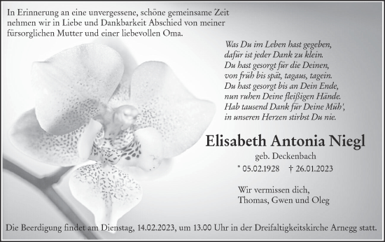 Traueranzeige von Elisabeth Antonia Niegl von SÜDWEST PRESSE Ausgabe Ulm/Neu-Ulm
