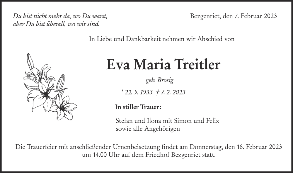  Traueranzeige für Eva Maria Treitler vom 11.02.2023 aus NWZ Neue Württembergische Zeitung