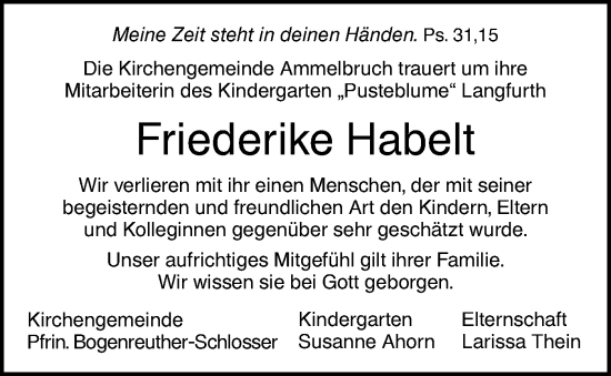 Traueranzeige von Friederike Habelt von Hohenloher Tagblatt