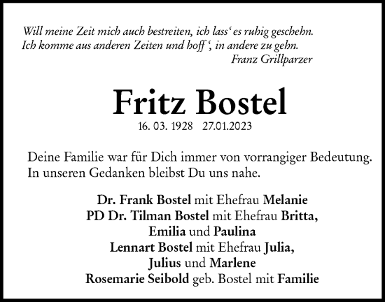 Traueranzeige von Fritz Bostel von NWZ Neue Württembergische Zeitung
