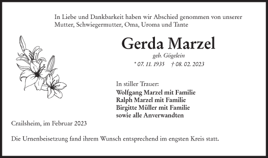 Traueranzeige von Gerda Marzel von Hohenloher Tagblatt