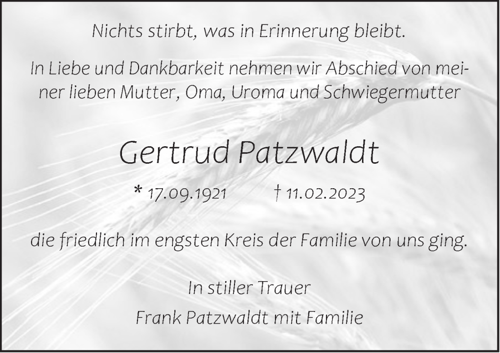  Traueranzeige für Gertrud Patzwaldt vom 18.02.2023 aus SÜDWEST PRESSE Ausgabe Ulm/Neu-Ulm