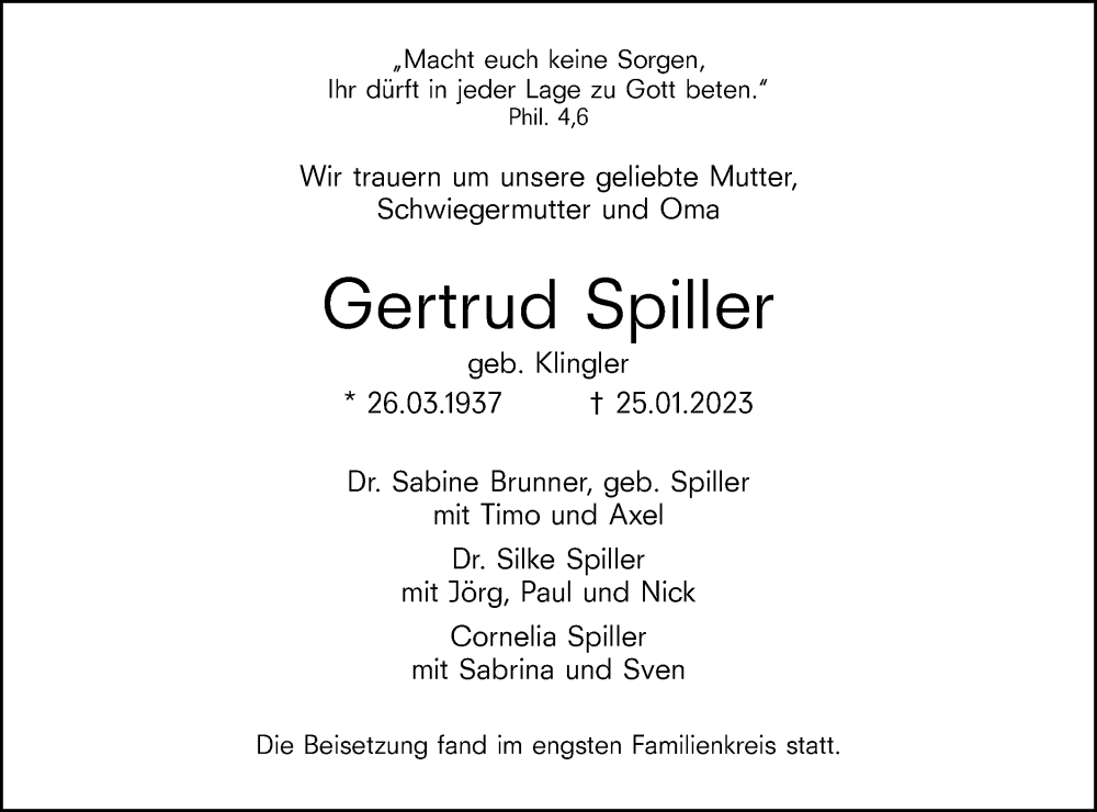  Traueranzeige für Gertrud Spiller vom 25.02.2023 aus SÜDWEST PRESSE Ausgabe Ulm/Neu-Ulm