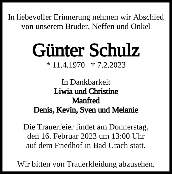 Traueranzeige von Günter Schulz von Metzinger-Uracher Volksblatt