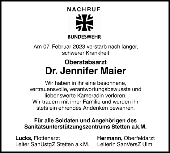 Traueranzeige von Jennifer Maier von SÜDWEST PRESSE Ausgabe Ulm/Neu-Ulm