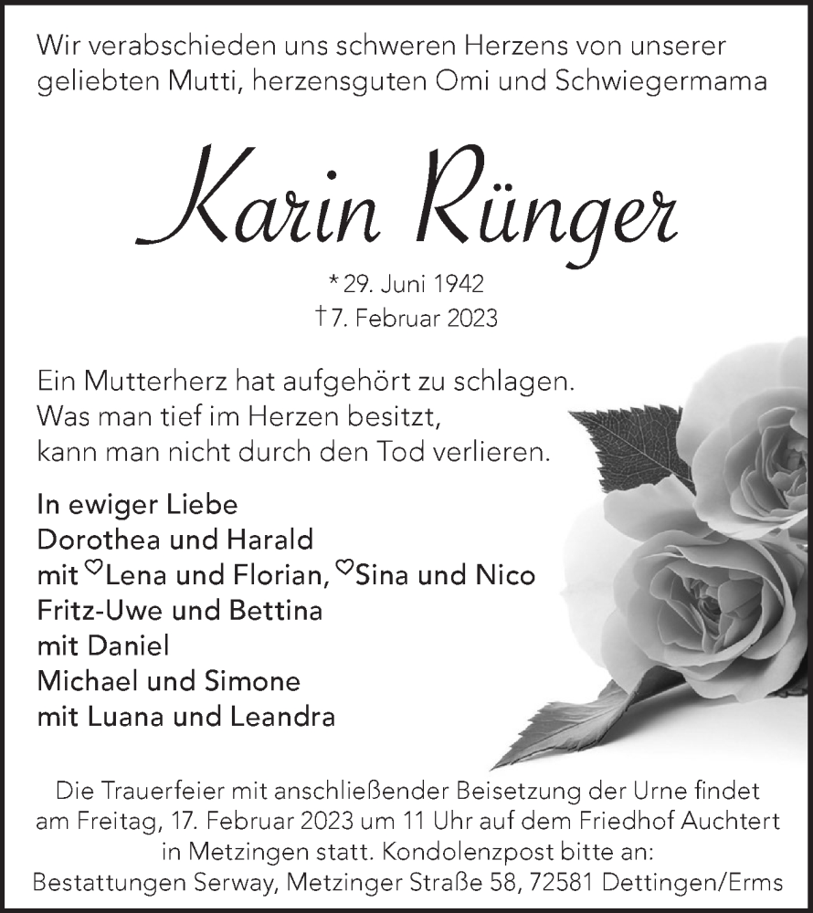  Traueranzeige für Karin Rünger vom 15.02.2023 aus Metzinger-Uracher Volksblatt