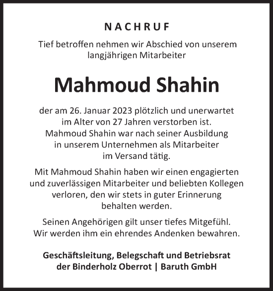 Traueranzeige von Mahmoud Shahin von Rundschau Gaildorf