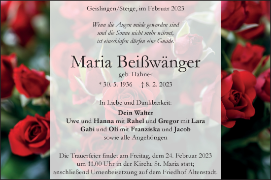 Traueranzeige von Maria Beißwänger von Geislinger Zeitung