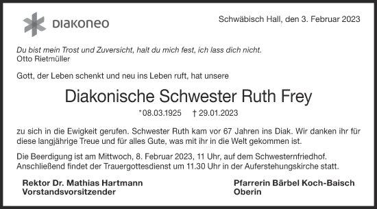 Traueranzeige von Ruth Frey von Haller Tagblatt