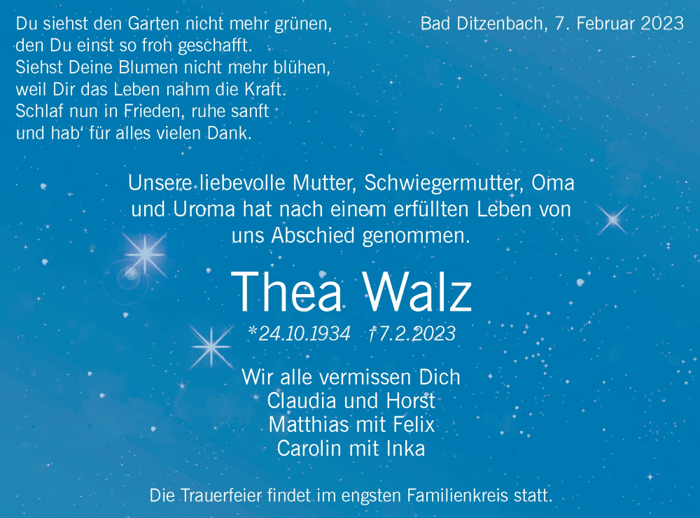  Traueranzeige für Thea Walz vom 11.02.2023 aus Geislinger Zeitung