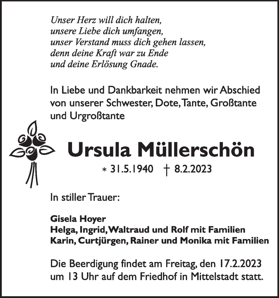 Traueranzeige für Ursula Müllerschön vom 14.02.2023 aus Alb-Bote/Metzinger-Uracher Volksblatt