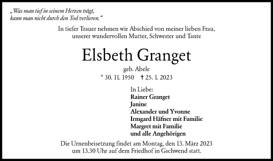 Traueranzeige von Elsbeth Granget von Rundschau Gaildorf