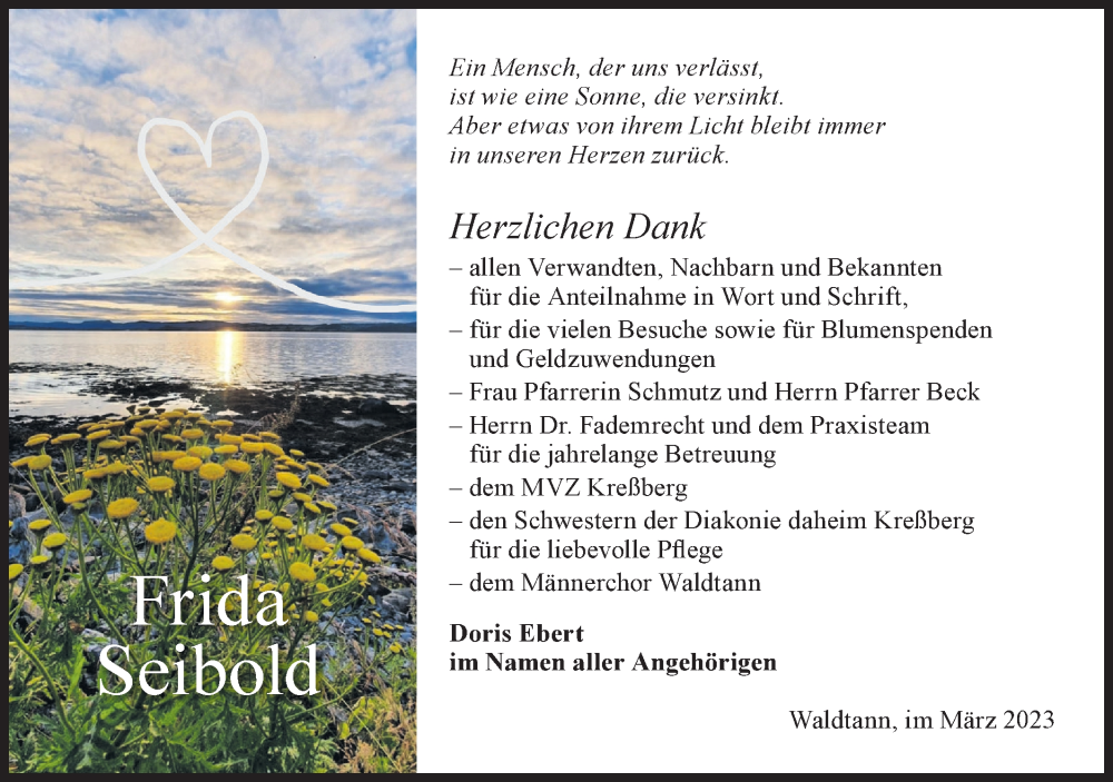 Traueranzeige für Frida Seibold vom 11.03.2023 aus Hohenloher Tagblatt